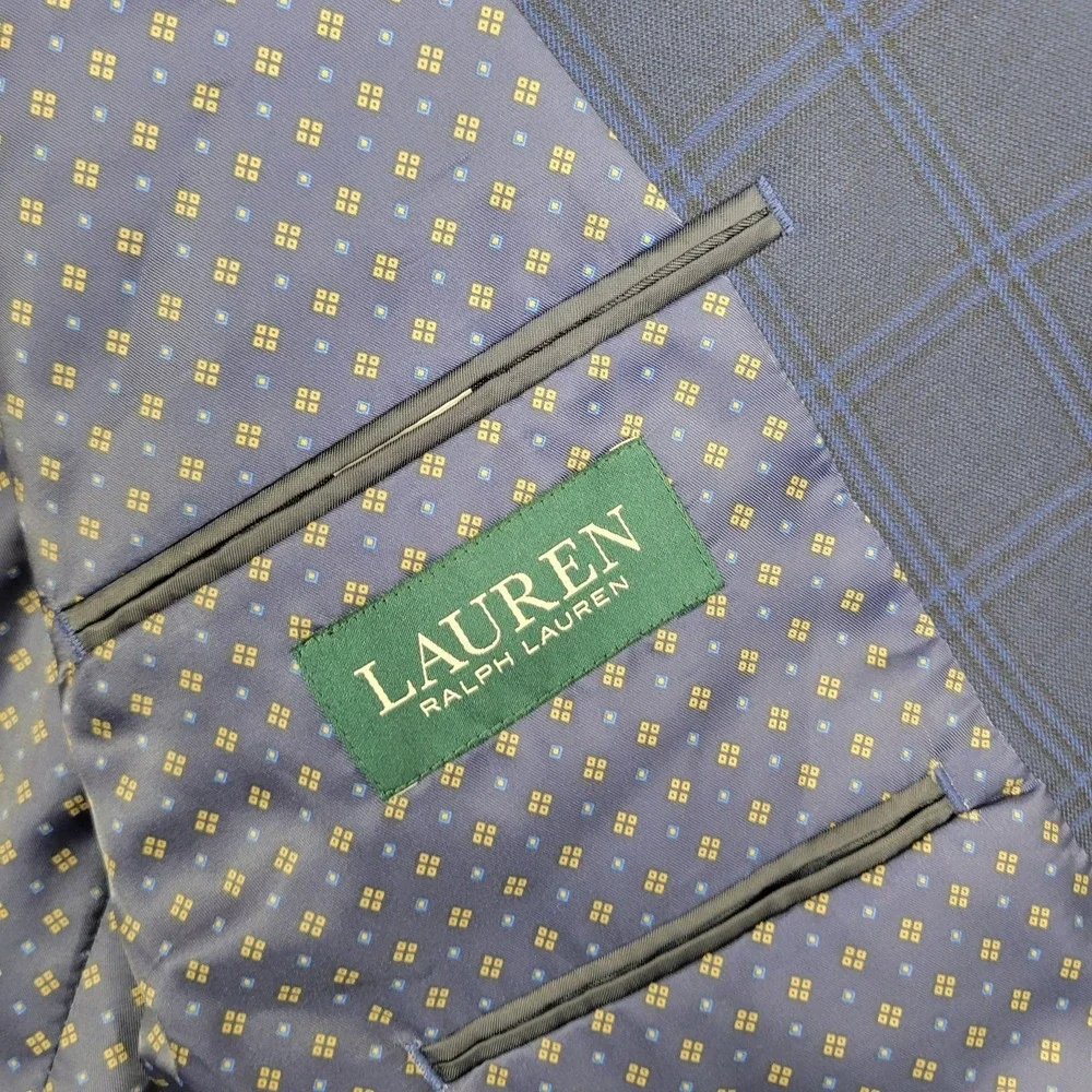 Lauren Ralph Lauren Men's 46R Navy Blue Plaid Geometric Liner 2-Button Blazer